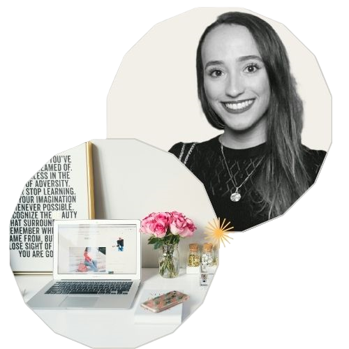 Photo of Karina in black and white, plus a photo of a table and a computer